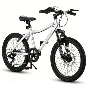 20 Inch Kids Mountain Bike, 7-Speed Boys Girls Bicycle with Front Suspension, Disc & V-Brake, Steel Frame Children\'s Bike for Ages 6-12 (Option: 20in_White)