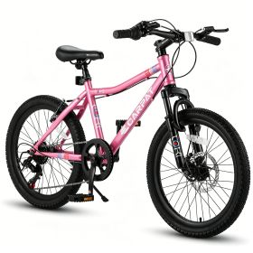 20 Inch Kids Mountain Bike, 7-Speed Boys Girls Bicycle with Front Suspension, Disc & V-Brake, Steel Frame Children\'s Bike for Ages 6-12 (Option: 20in_Pink)